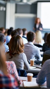 Diverse office employees attending corporate training seminar in modern conference room
