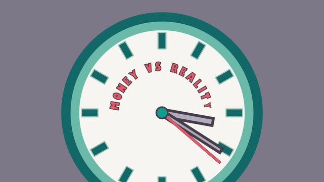A clock shows the shift in time with themes of money versus reality. Each frame presents a different angle. The visuals explore the concept clearly