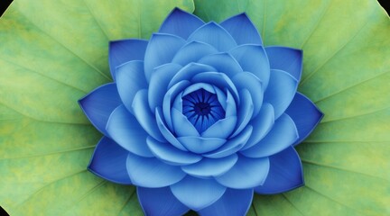 Naklejka premium Vibrant blue lotus flower opens with layered petals. Large green leaves surround blooming aquatic plant. Fresh summer nature, detail macro view. Zen garden beauty.