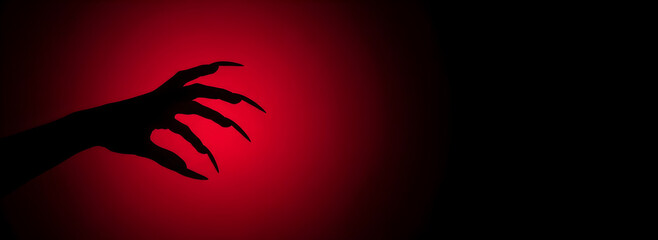 Obraz premium Monster hand with long claws reaching out of dark red background. Scary gesture expressing fear or horror for Halloween banner concept with copy space for movie or cinematic poster.