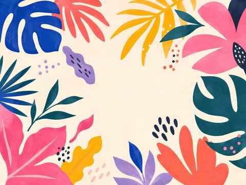 Colorful botanical cutout collage border with tropical leaves and copy space