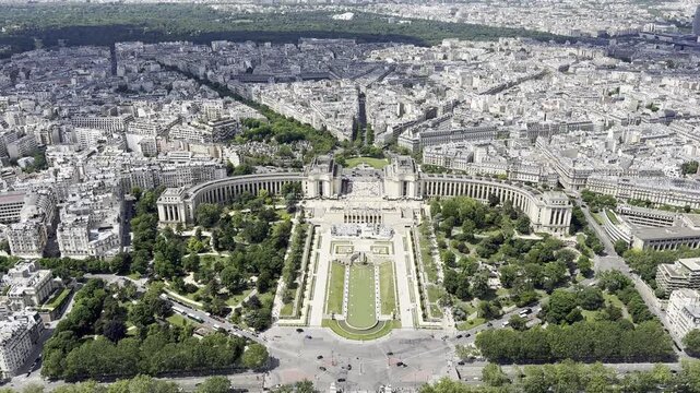 View from Eiffel Tower summit overlooking Trocad&eacute;ro gardens in Paris, France