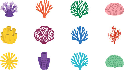 Underwater Coral Reef Flora Vector Icon Set Featuring Brain Coral, Sea Fan, Yellow Tube Sponge, and Colorful Branching Coral Colonies © MstAkhlima