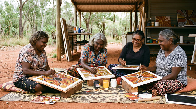 Indigenous women creating traditional artwork, collaborative cultural activity in outdoor community setting, heritage preservation concept for creativity