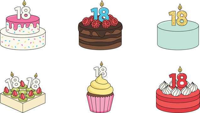 18th Birthday Cake and Cupcake Vector Set with Number 18 Candles on Chocolate Raspberry Mint Strawberry and Tiered Drip Cakes