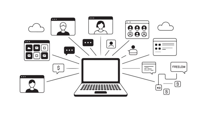 Laptop With Multiple User Interfaces And Social Media Icons For Online Network Concepts
