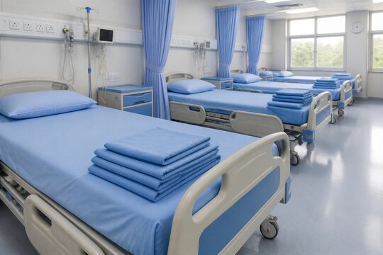 Hospital beds neatly made and empty in spacious patient ward