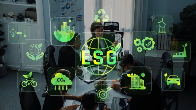 Engaging business meeting focused on ESG principles, showcasing elements of sustainability and innovative strategies for responsible corporate practices and decision-making. Raster
