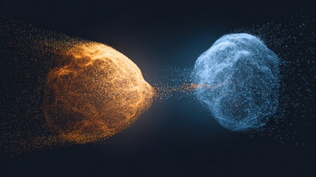 digital abstract particle sphere collision splash background fire and ice abstract concept design glowing hot orange gas cloud merging with cool bright blue nebula space system artwork