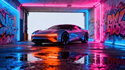 Fototapeta premium Futuristic car in neon graffiti tunnel