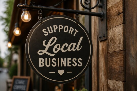 Shop sign supporting local business hanging outside storefront