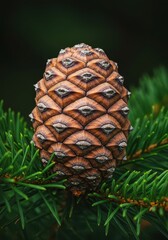 Obraz premium Extreme close-up of a textured pine cone nestled among sharp green fir needles, highlighting natural patterns and wood scales, woodgrain, flora, macro