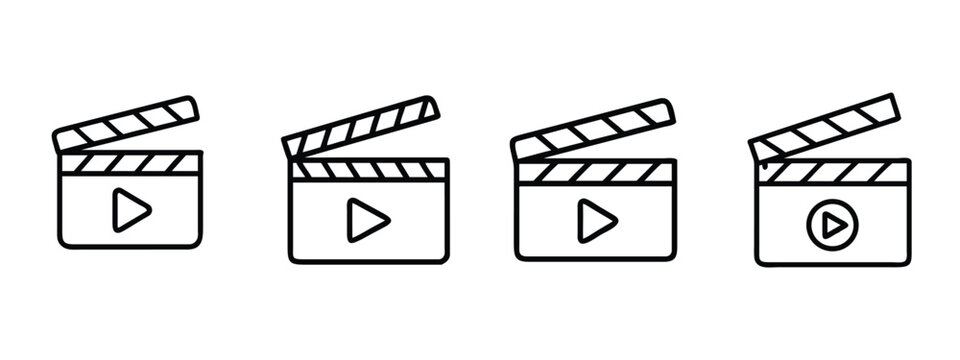 Movie production outline icons set cinema clapperboard slate film director action board media player clapper video editing  vector illustration with editable stroke