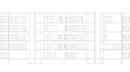 Modern CAD architectural blueprint of white wall-mounted bookshelves filled with books © Shehan