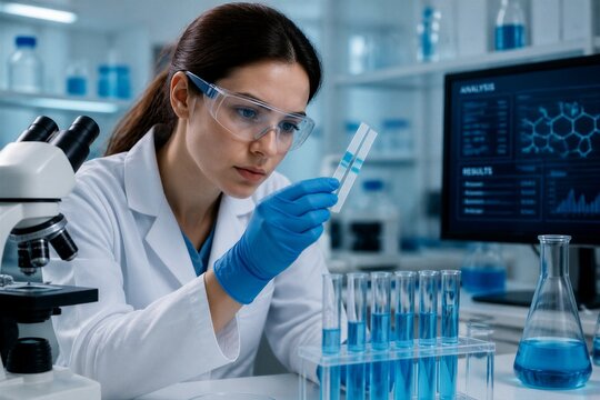 Female scientist examining microscope slides in research laboratory