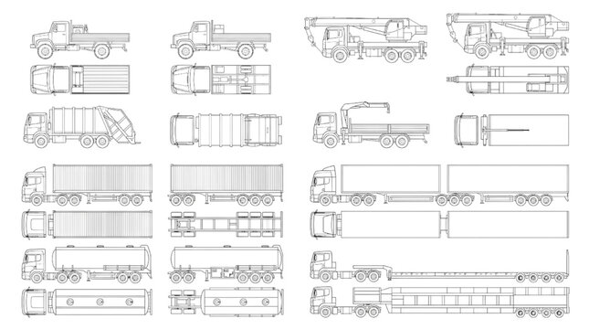 Set of technical CAD blueprints featuring detailed top and side orthographic projections of heavy industrial cargo and logistics transport vehicles