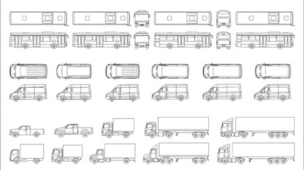 Collection of vehicle CAD blocks including buses vans and trucks for architectural blueprint design © Shehan