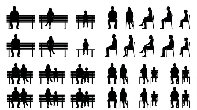 Silhouettes of People Sitting on Benches, Design Elements for CAD and Architectural Visualization