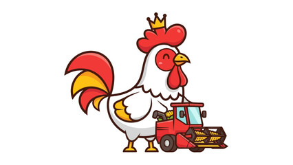 Cute cartoon rooster wearing a crown and standing next to a combine harvester. © kc