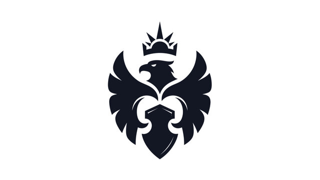 Heraldic eagle with crown and shield, stylized vector logo