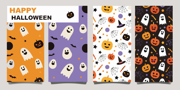 Halloween themed floral ornament pattern vector illustration with pumpkins and ghosts