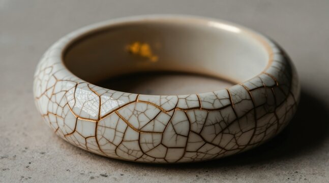 White ceramic bangle displays intricate crackle glaze pattern with subtle gold accents. Unique accessory sits on neutral surface, texture, craftsmanship. Perfect for jewelry art display.
