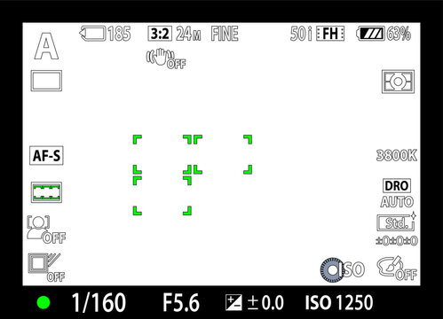 Modern photo of videocamera focusing screen isolated - digital, mirorless, DSLR, cameraphone. Viewfinder camera recording isolated on white background. 8K ready detailed template. Vector illustration