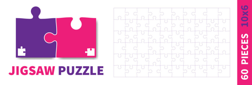 Detailed various shapes puzzle grid. Jigsaw puzzle blank template. 10x6 shapes, 60 pieces. Separate matching puzzle elements. Vector illustration