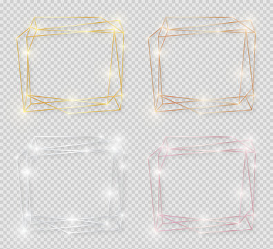 Yellow and pink gold, silver and bronze shiny glowing vintage frames with shadows pack isolated on transparent background. Golden luxury realistic polygon art borders. Vector illustration