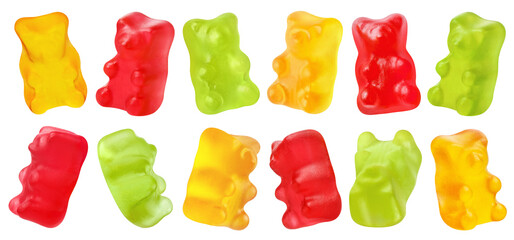 Set of colorful gummy bear candies, isolated on cutout transparent background