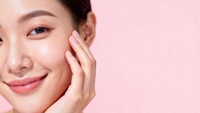 Closeup of woman touching her face