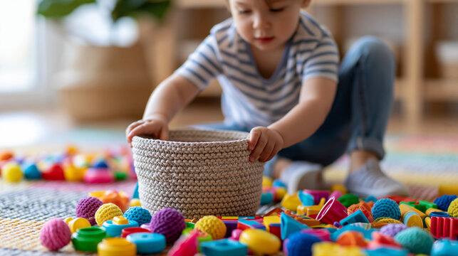 Anonymous child tidying scattered toys on a playroom floor, kid cleaning a messy children's room and helping with household chores concept, faceless, defocused, with copy space