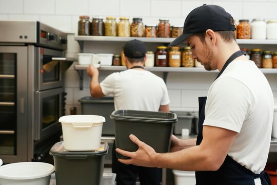 Two chefs organize ingredients in a commercial kitchen. One baker places item in oven. Another chef holds container near storage shelves with jars.