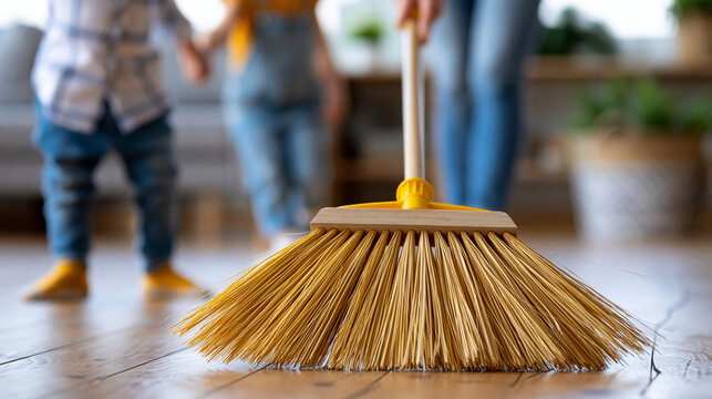 Anonymous mother and kid using a broom and sweeping the house floor together, family cleaning routine and household chores concept, faceless, defocused, with copy space