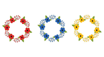 Fototapeta premium Colorful floral wreaths with red, blue, and yellow flowers on white background