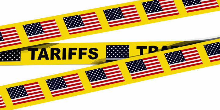 Yellow Caution Tape With American Flags And Tariffs Text Flat Lay