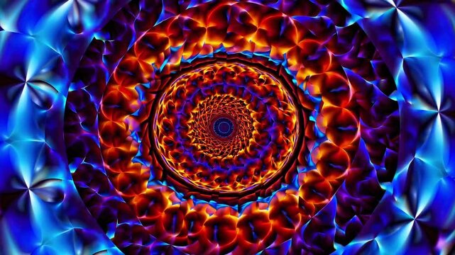 Intricate multicolored design featuring harmonious spiritual circular patterns, Lively symmetrical arrangement of vibrant fractal motifs, featuring kaleidoscope, mandala.