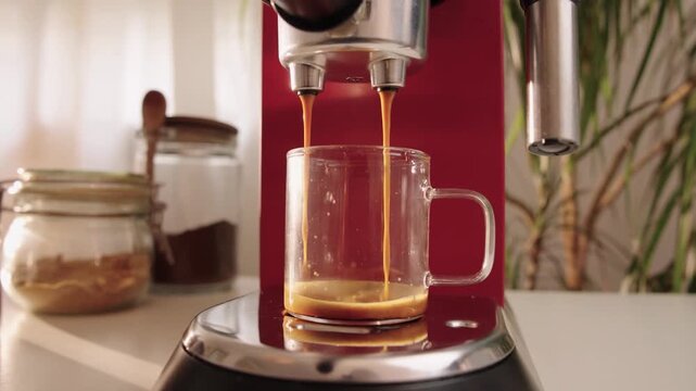 Espresso pouring into clear glass mug in motion video clip