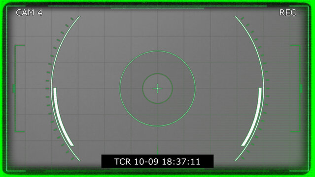 Green surveillance camera overlay with REC mark, target circles, timestamp bar, and glowing frame isolated for security, monitoring, and retro video projects.