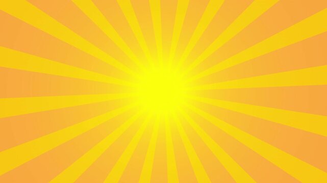 Rotating yellow and orange sunburst background, pop art radial rays, comic book style motion graphic, vintage retro design, energetic burst animation, summer sun concept.
