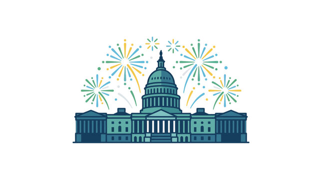 United States Capitol Building with Festive Fireworks Celebration Illustration