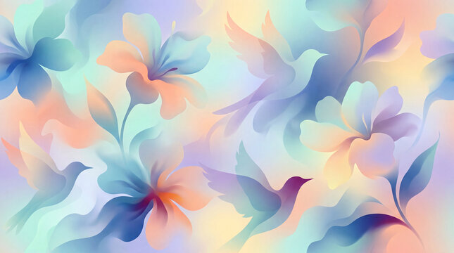 Creative background with tropical birds and flowers. Smoky gradient, smooth shapes, inspired by nature