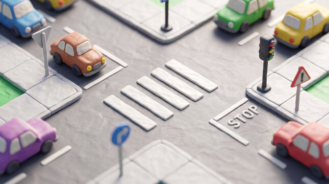 Plasticine background, car intersection, traffic, children's driving school. Animation, 3d design, children's creativity, objects and machines made of plasticine