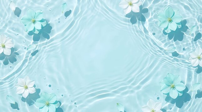 Aqua Blue Water Surface with Floating Pastel Petals