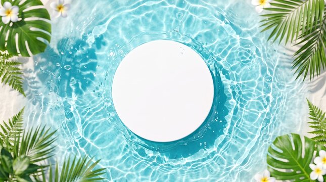 Flat Lay Top View of White Podium in Aqua Blue Water