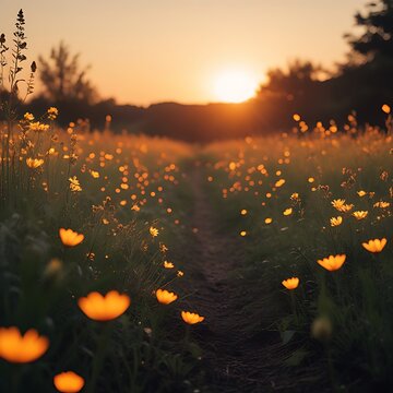 Glowing wildflower meadow sunset bloom nature beauty photos