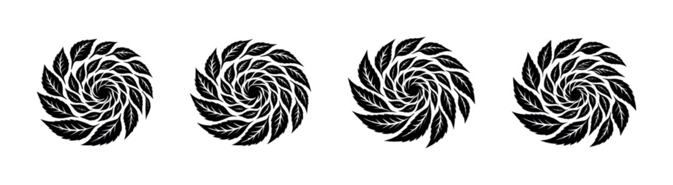 Black swirling leaf pattern forming a vortex on a white background