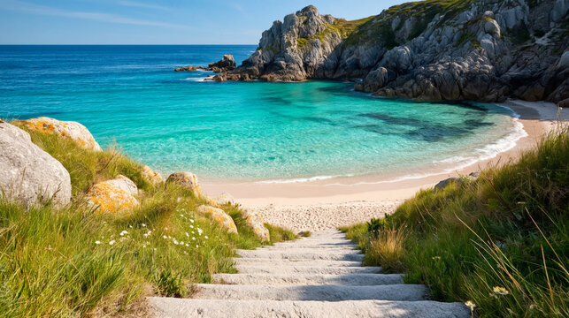 Scenic pathway to idyllic beach cove with turquoise waters and rocky cliffs