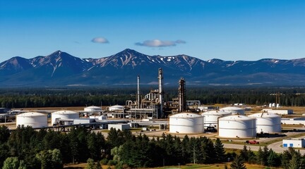 Naklejka premium Industrial oil refinery complex with large storage tanks, processing towers stands before majestic mountain range. Vast evergreen forest surrounds facility under clear blue sky. Trucks seen on paved