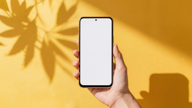 Hand Holding Smartphone with Blank White Screen on Sunny Yellow Background
